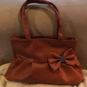 PU Leather Tote Tan with Rhinestone Bow